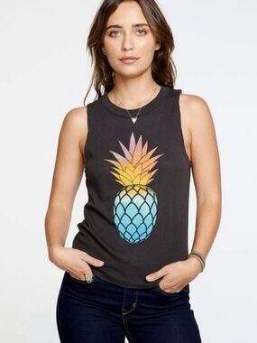 Chaser Black With Multi Color Pineapple Grapic Tank Top Size Medium